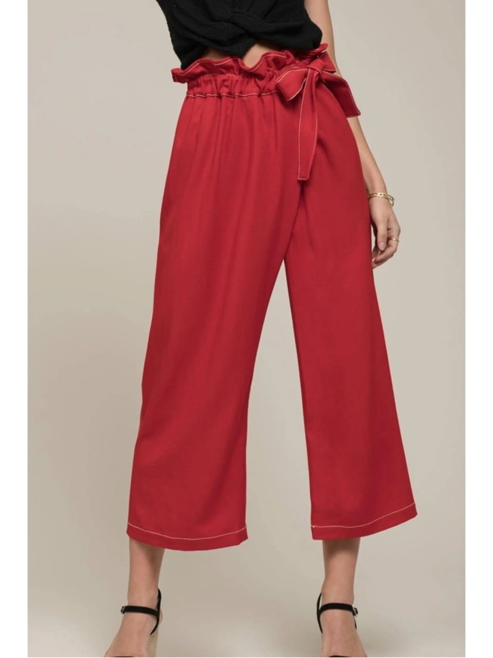 Moon River Red Paperbag-Waist Cropped Wide-Leg Pants
